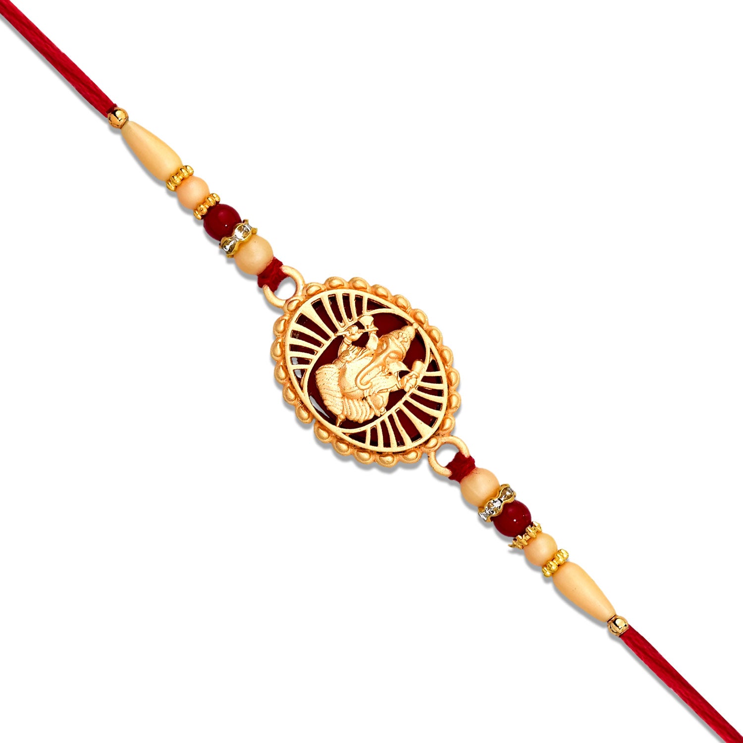 Traditional Ganesha Rakhi With Golden Finish And Sacred Red Thread Traditional Ganesha Rakhi With Golden Finish And Sacred Red Thread